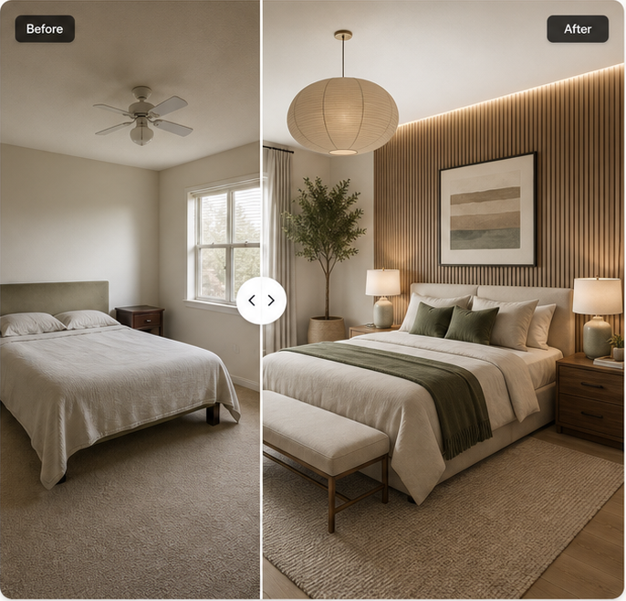 Original bedroom and AI redesigned bedroom shown side by side